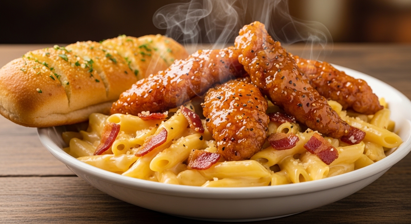 Four-Cheese Mac & Cheese with Honey Pepper Chicken Tenders Four-Cheese Mac & Cheese with Honey Pepper Chicken Tenders